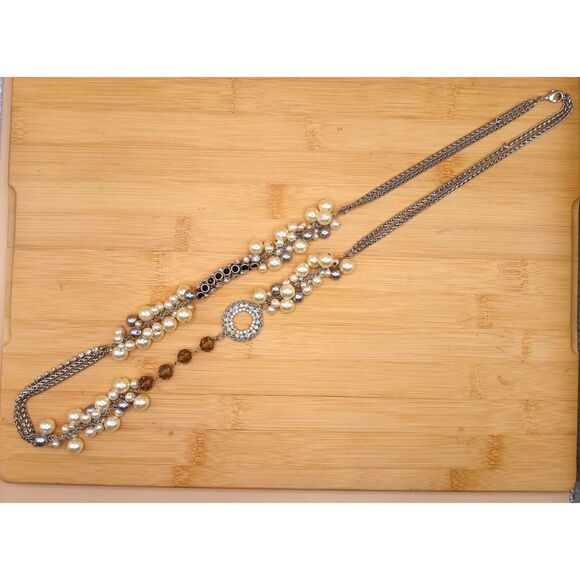 Vintage Mixed Media Faux Pearls, Clear & Black Rhinestones Lucite Beads Necklace - Picture 1 of 8